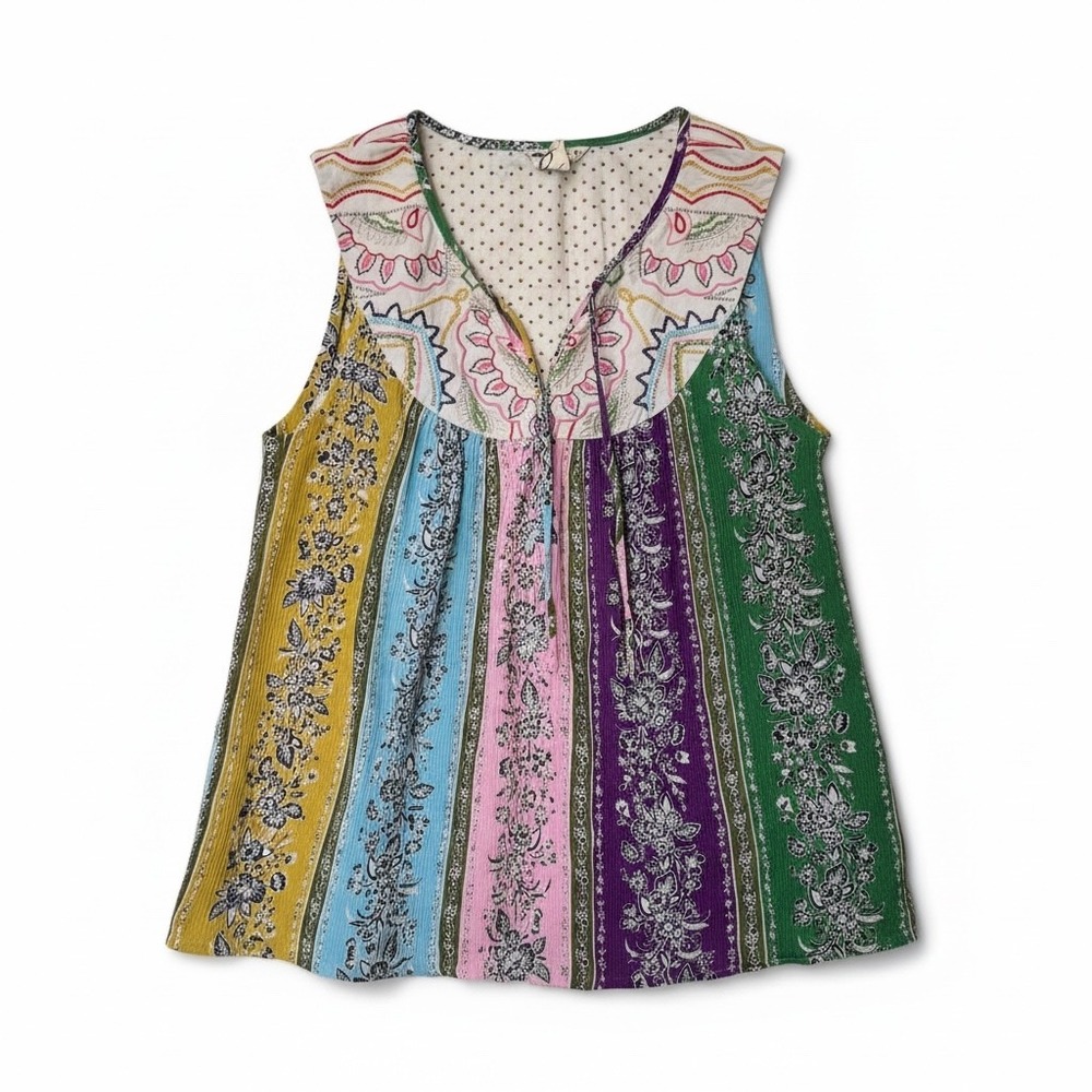 One September Boho Patchwork Striped Embroidered V Neck Sleeveless Top Size‎ S